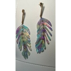 Iridescent Leaf Dangle Earrings Resin Pastel Statement Festival Boho